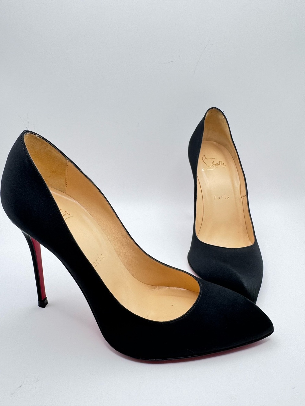 Christian Louboutin Pigalle 100 Black Satin Pointed Toe Pumps Sz 36.5